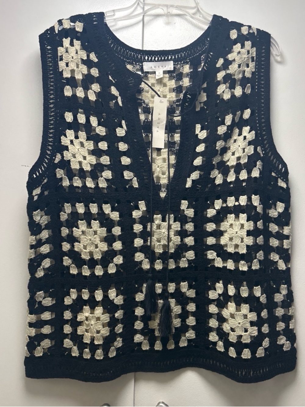 Adiva Black & Cream Crochet Sleeveless Tunic Vest with Tassel Tie
